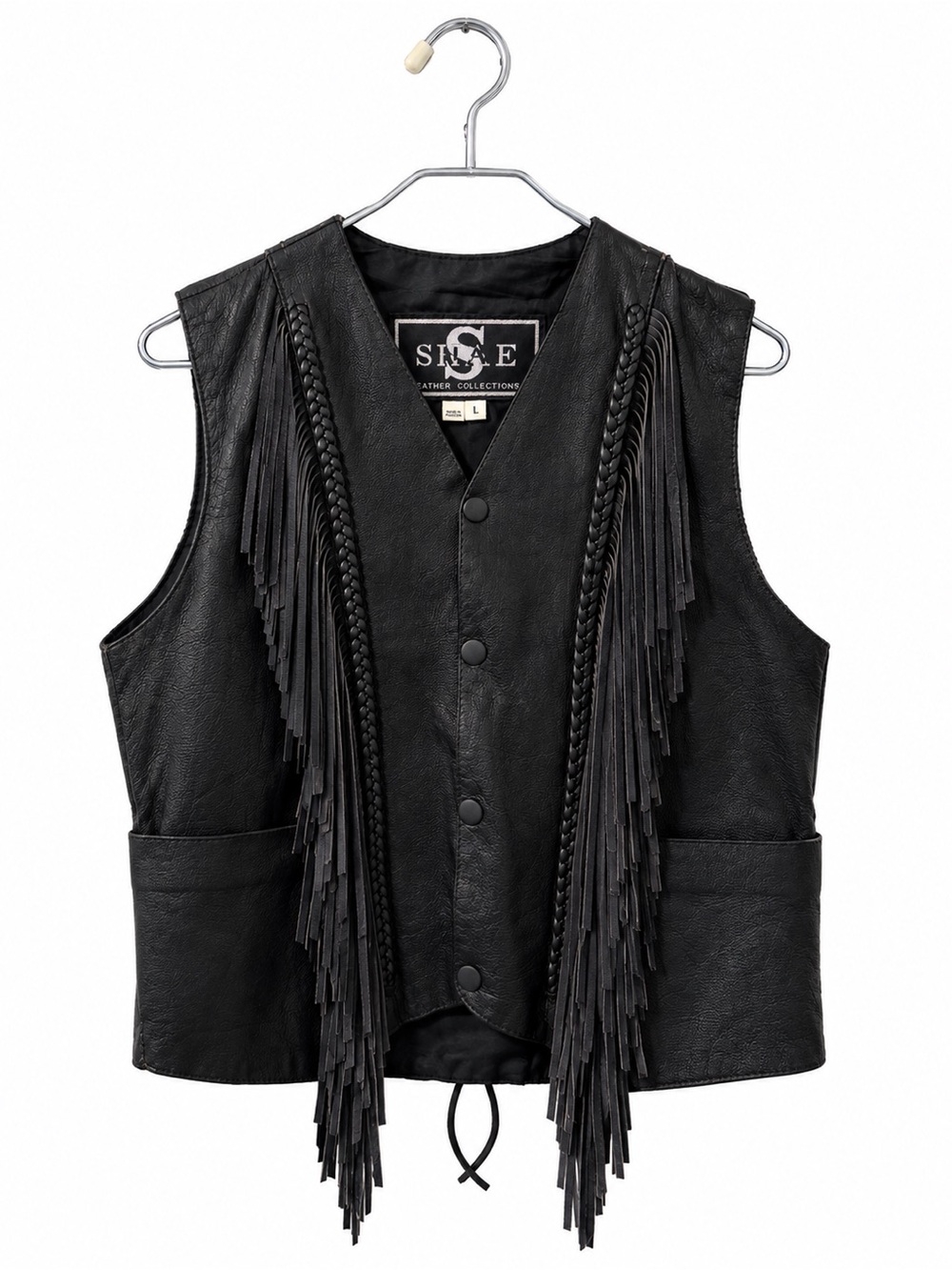 SHAE Genuine Black Leather Fringe Vest with Braided Trim
